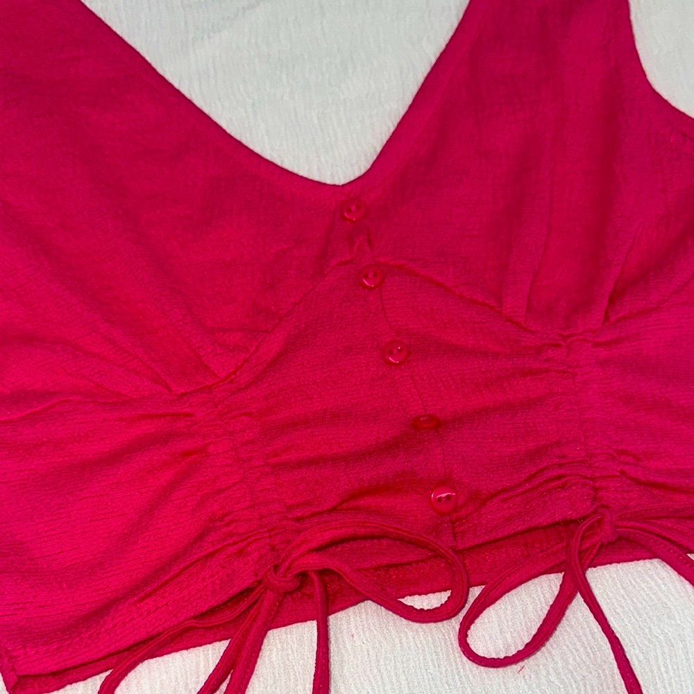 Pink Ruched Crop Tank Top with Tie Front - Picture 3 of 5